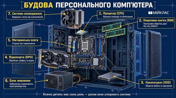 Будова персонального комп’ютера: поєднання /explodedview, /blueprint та /infographic